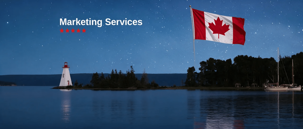 nova-scotia-marketing-agency-in-canada_Picture of a lighthouse in Nova Scotia with a Canadian Flag